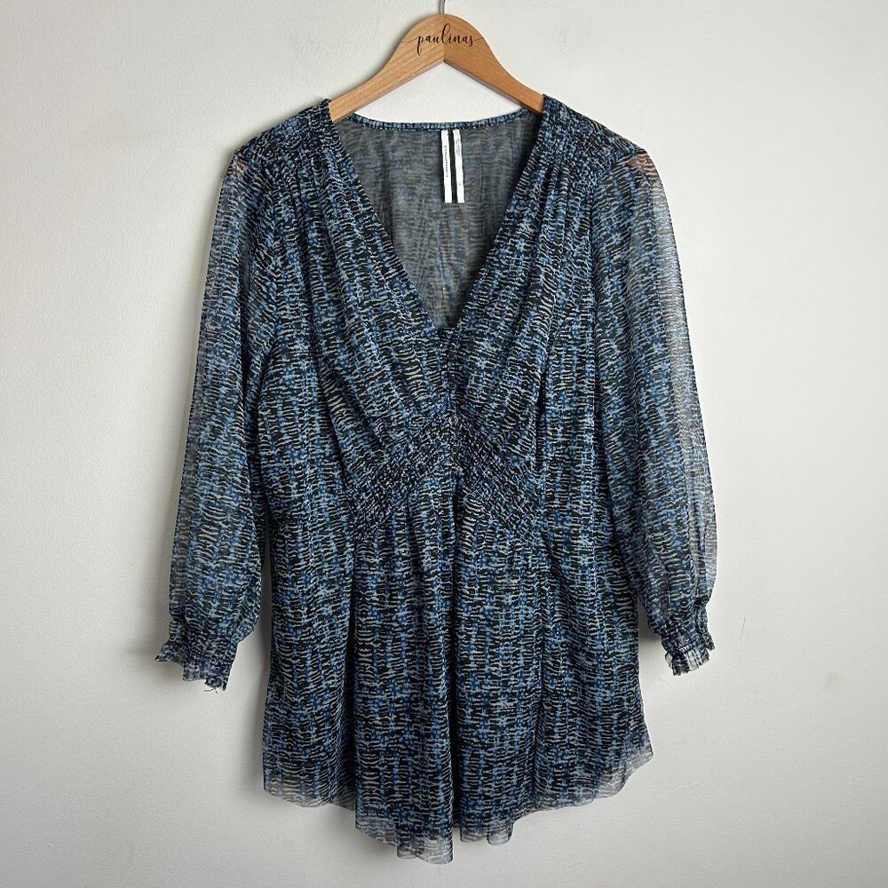 Anthropologie Blue Gretchen Smocked 3/4 Sleeve V-Neck Shirt Top XL